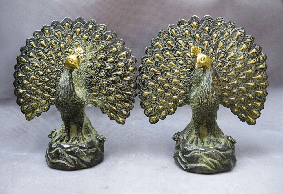 

9" China bronze gild carved copper beautiful sculpture peafowl pair Statues