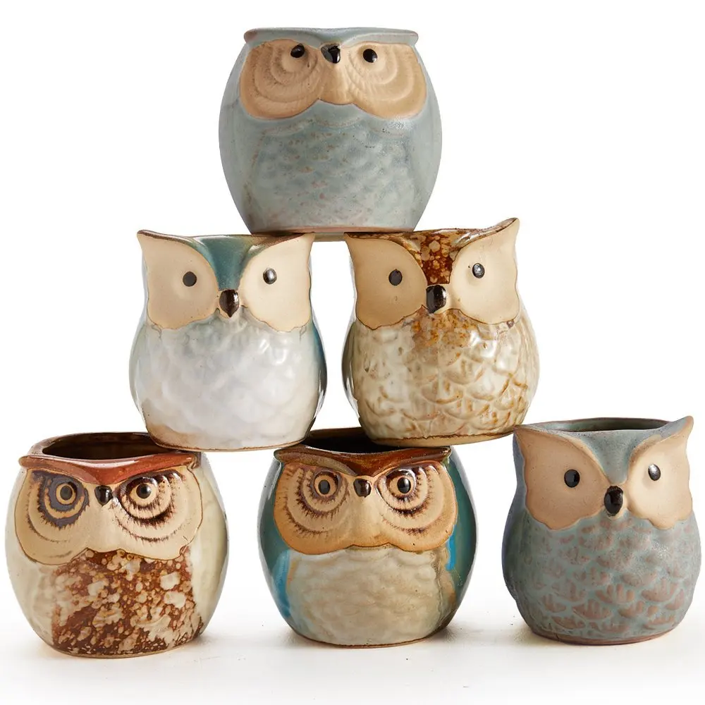 6pcs/lot 2.4 Inch Owl Pot Ceramic Flower Pot Flowing Glaze Base Serial Set Succulent Cactus Plant Container Planter Bonsai Pots