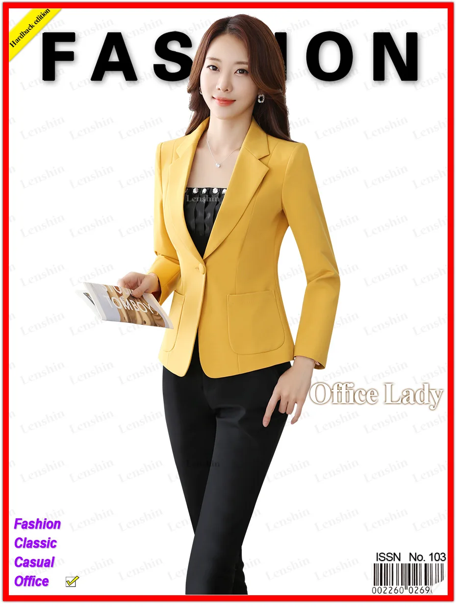 Lenshin, прямой и гладкий Блейзер, два больших кармана, пиджак для офиса, женский желтый пиджак, деловая официальная одежда