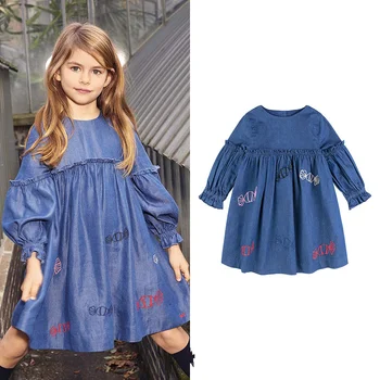 

Brand girls dress Girls' Clothes Washing Thin Denim Candy Embroidery Russian Puff Sleeve Casual Denim dress