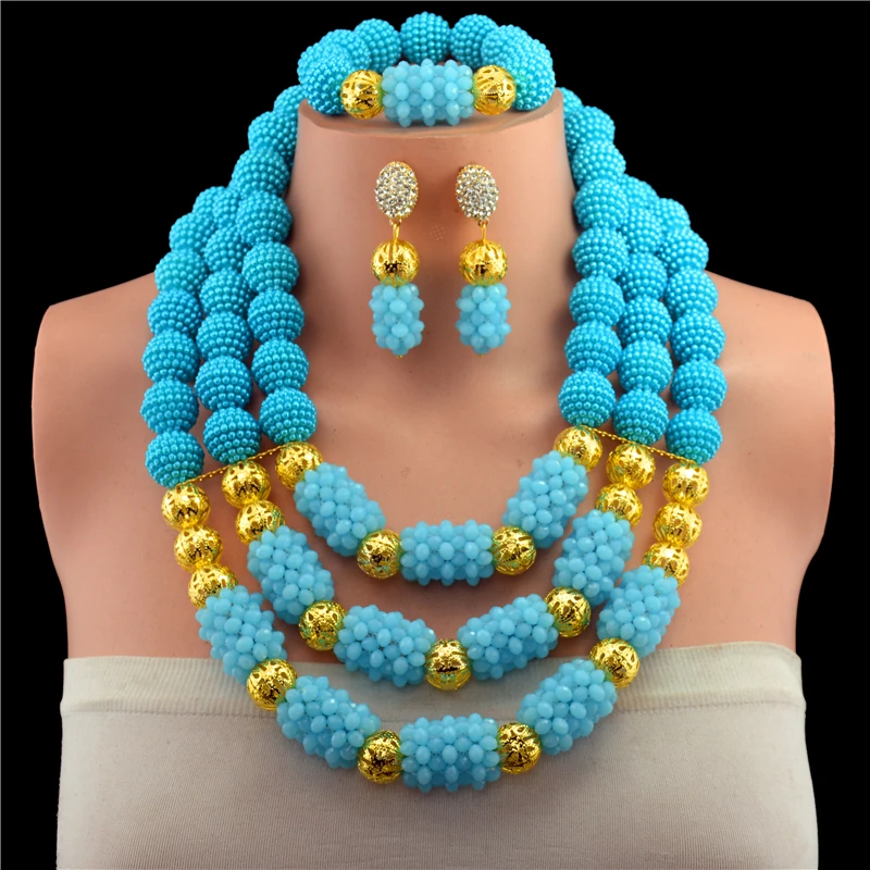 Exclusive Lake Blue Nigerian Indian Bridal Beads Jewelry Set Handmade Crystal Statement Necklace Set New Free Shipping