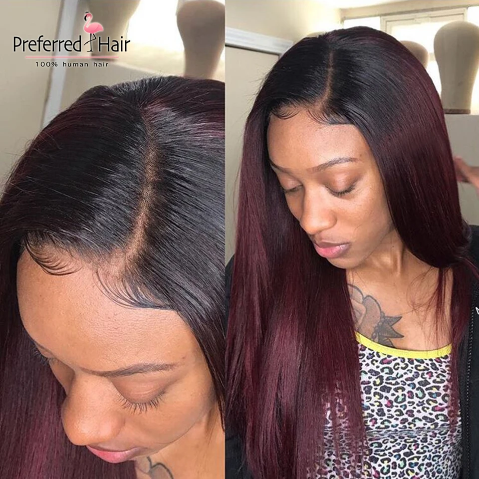 Preferred 1B/99J Burgundy Lace Front Wig With Baby Hair Straight 13x6 Ombre Human Hair Wig Remy Brazilian Wigs For Black Women