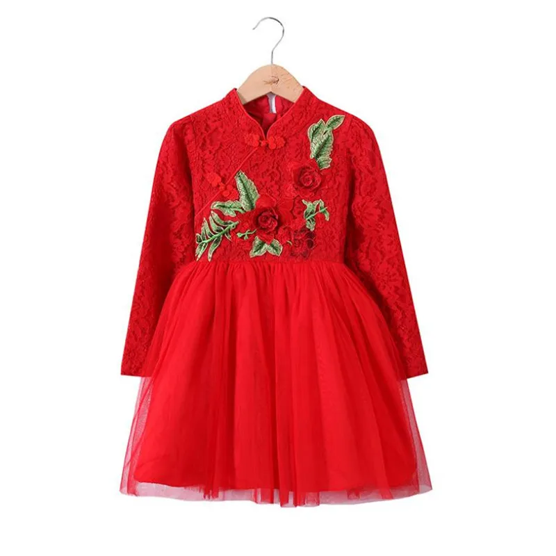 

DFXD 2018 New Teen Girls Long Sleeve Lace Embrooidery Flower Cheongsam Dress Fashion Wedding Party Princess Dress 3-14Years
