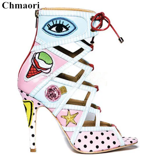 2018 Hot Selling Eyes&Ice-cream Print Stiletto High Heels Dress Party Shoes Woman Open Toe Back Zipper Gladiator Sandals Boots цена 2018 Hot Selling Eyes&Ice-cream Print Stiletto High Heels Dress Party Shoes Woman Open Toe Back Zipper Gladiator Sandals Boots цены онлайн