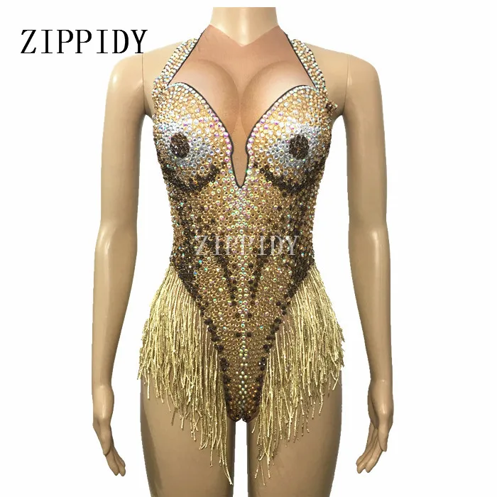 Сексуальное Золотое Сверкающее трико с кристаллами и кисточками, боди, Одежда для танцев, Женский цельный костюм для выступлений на день рождения