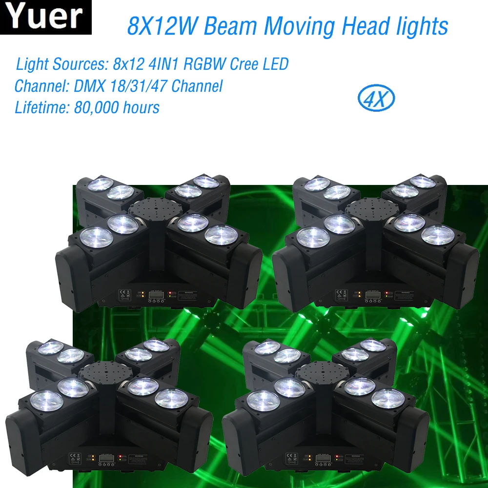 4Pcs/Lot Moving Head Beam Wash DJ Lights LED 8X12W RGBW 4IN1 Professional Moving Head Stage Light DMX512 For Party Disco Lights