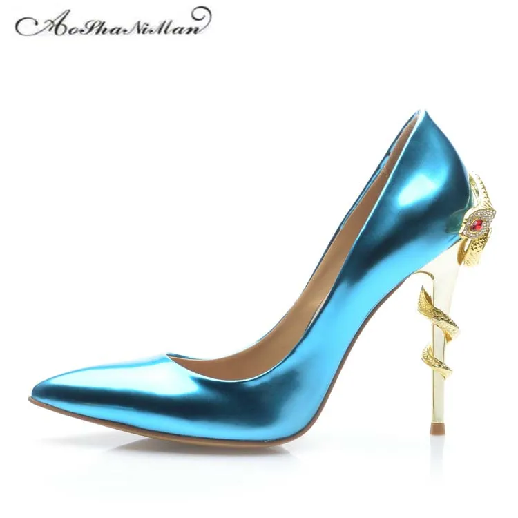

2017 newest Patent Leather High Heels blue 10cm Stilleto Sexy Pointed Toe Wedding Shoes Bride Snake heel Women Shoes 34-42