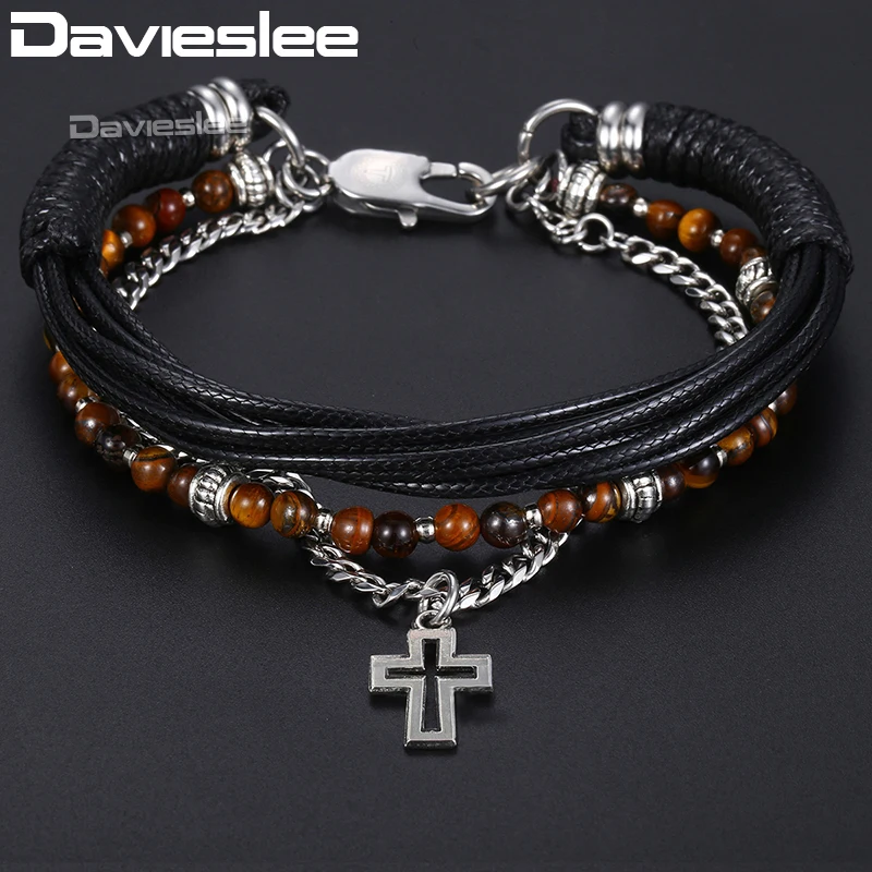 Davieslee Mens Beaded Bracelet Leather Stainless Steel Curb Cuban Chain Cross Pendant Charm 3 Layers Brown Bracelets DDLB71