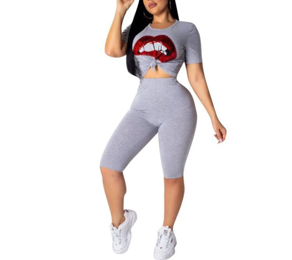 

Women Wardrobe 2 Piece Outfits Casual Sequin Round Neck Short Sleeve Skinny Pants Set Tracksuits