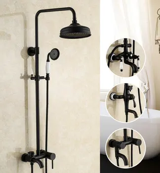 

Bathroom Antique Black Paint Solid Brass Shower Set Wall Mounted 8" Rainfall Shower Mixer Tap Faucet 3-functions Mixer Valve