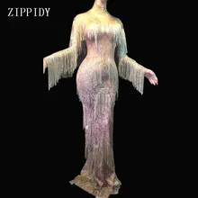 Шампанское золото Стразы бахрома платье сценическая одежда большой стрейч платье певица вечернее представление кисточкой длинное платье