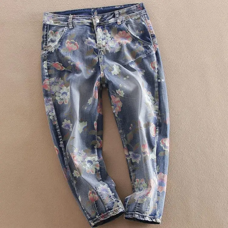 Boyfriend Jeans New Women Jeans Loose cross Pants flower print Harem capris plus size