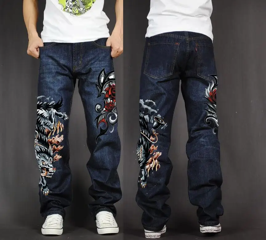 Для мужчин длинные брюки для девочек мешковатые свободный крой джинсы в рэп-стиле хип хоп Скейт джинсовые штаны с принтом мотобрюки прямо
