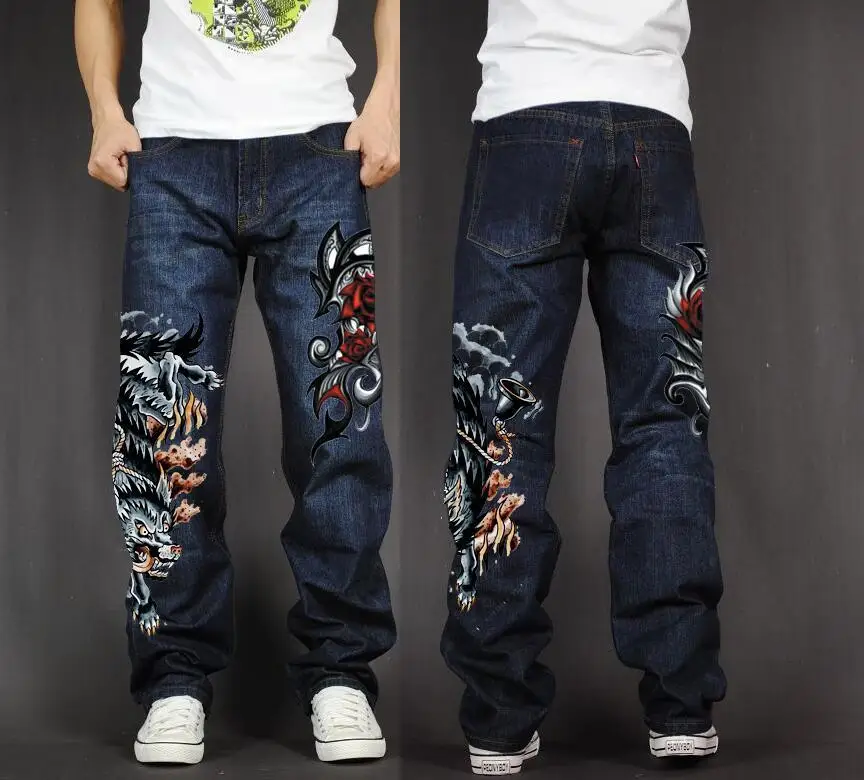 

Men's Long Pants Baggy Loose Fit Jeans Rap Hip Hop Skate Denim Print Trousers Straight Stretch Casual Trousers Wolf Rose