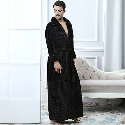 Men Women Winter Extra Long Thicken Grid Flannel Warm Bath Robe Luxury Soft Thermal Bathrobe Mens Dressing Gown Male Sexy Robes - Цвет: Black Men