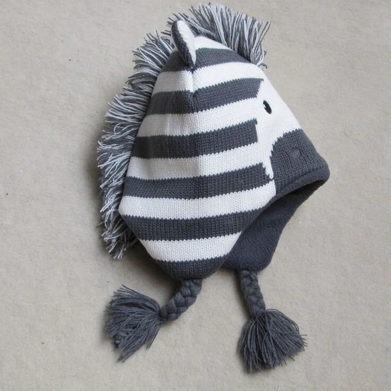 6 M-8 Years Zebra Pattern Caps for Boys Winter Hats Kids Warm Knitte Caps Ear Flaps Beanies Children's Cartoon Animal Sckullies 