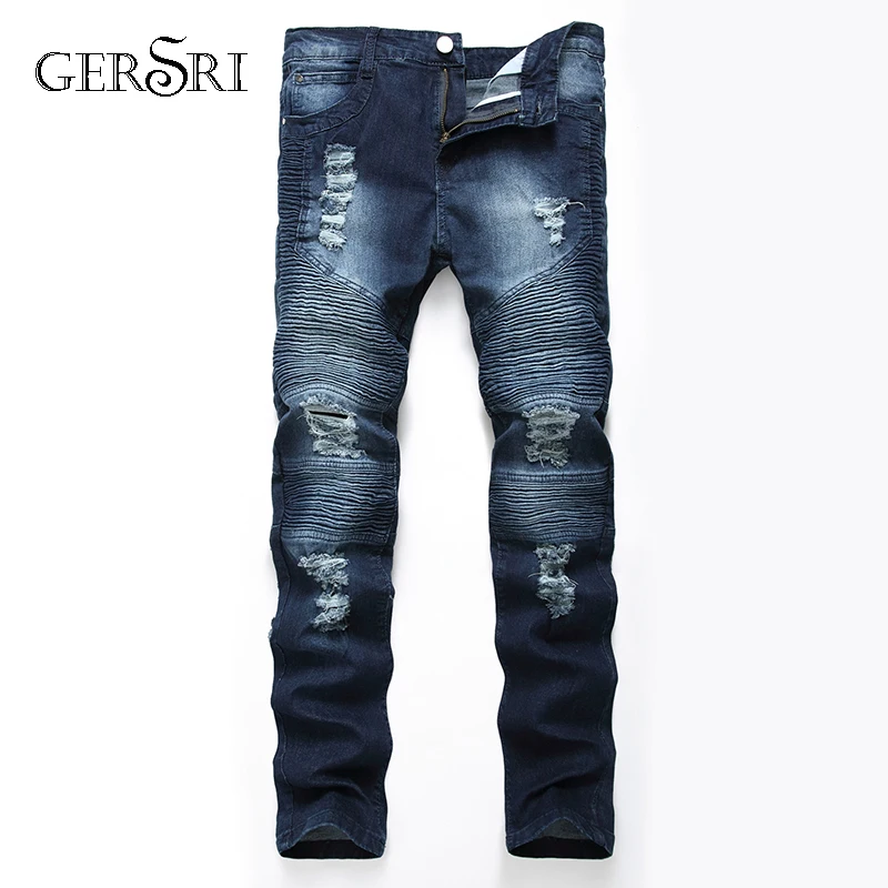 

Gersri men's ripped biker jeans men print striped Straight motorcycle jeans knee hole destroyed jeans slim fit man pant big size