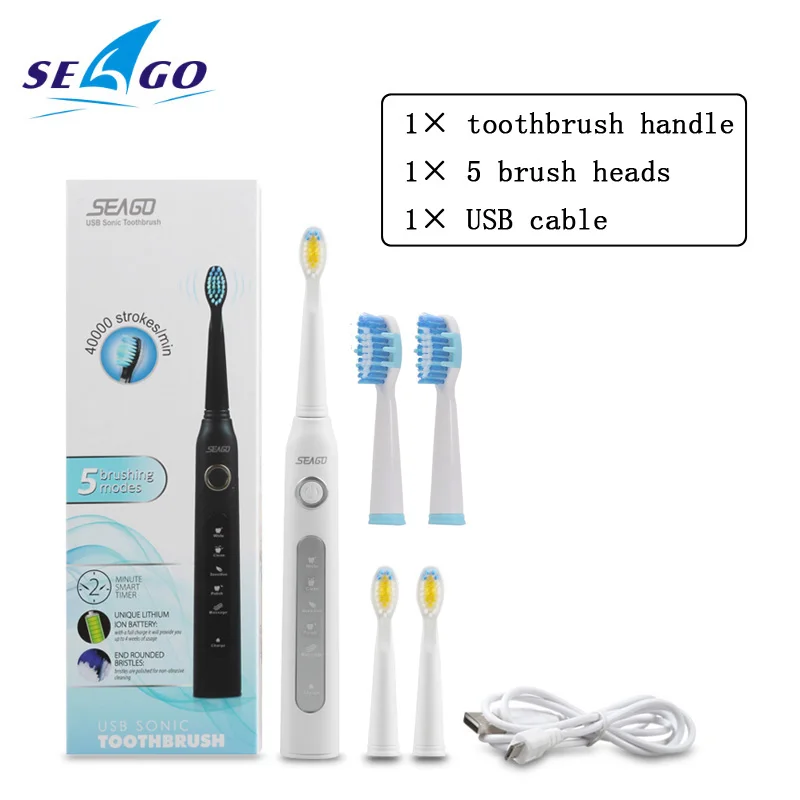 

Seago SG507 Sonic Brush USB Rechargeable Electrical Toothbrush Adults With 5pcs Replacement head 3 Modes Waterproof Black White
