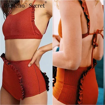 

Summer Ruffle High Waist Bikini Biquinis 2018 Wine RED Tank Push Up Swimsuit Beach Wear High Neck Swimwear Women Maillot De Bain