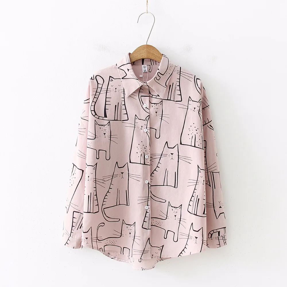 2019 New Arrival Cartoon Cat Print Button Up Blouse Long Sleeve Turn Down Collar Shirt Sweet Girls Loose Plus Size Top T93905F 4