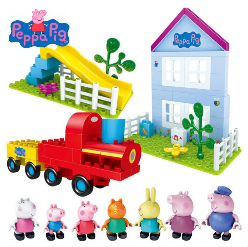 

Deluxe series Genuine Peppa Pig - educational Building blocks set children's toy train sliding playhouse set toy 7 dolls