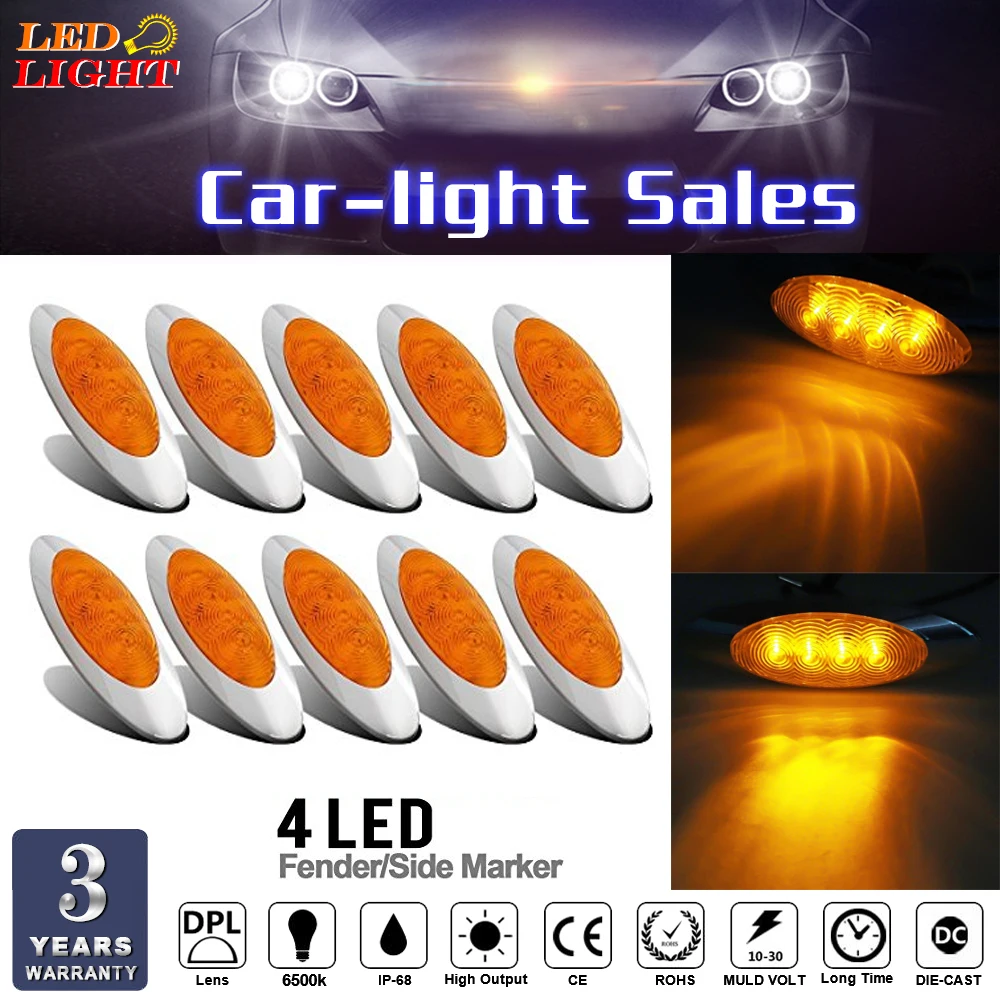 

keyecu 10X 6-5/8" Amber 4LED Sealed Side Marker Light Cab Panel Marker Light For Peterbilt 24V