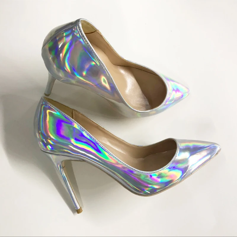 

Europe and the United States new 12cm laser magic color high-heeled shoes with thin and sharp pointed 10cm thin with sexy single