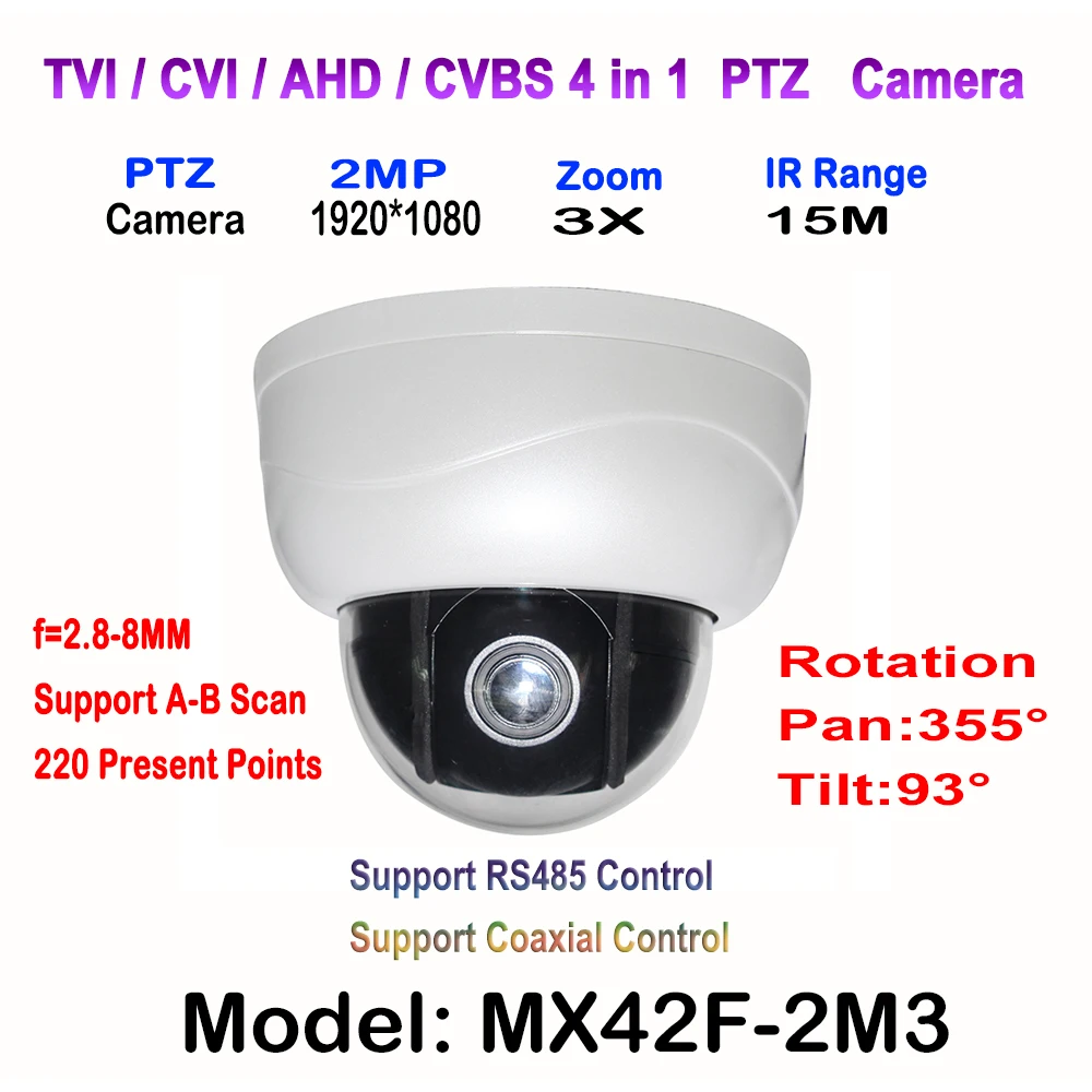 

1080P 2.5'' Dome AHD CVI TVI CVBS PTZ Camera 1/2.9 for Sony CCD Sensor 2.8~8mm Auto-focus Varifocal Zoom OSD Menu 2.0MP 3 IR LED