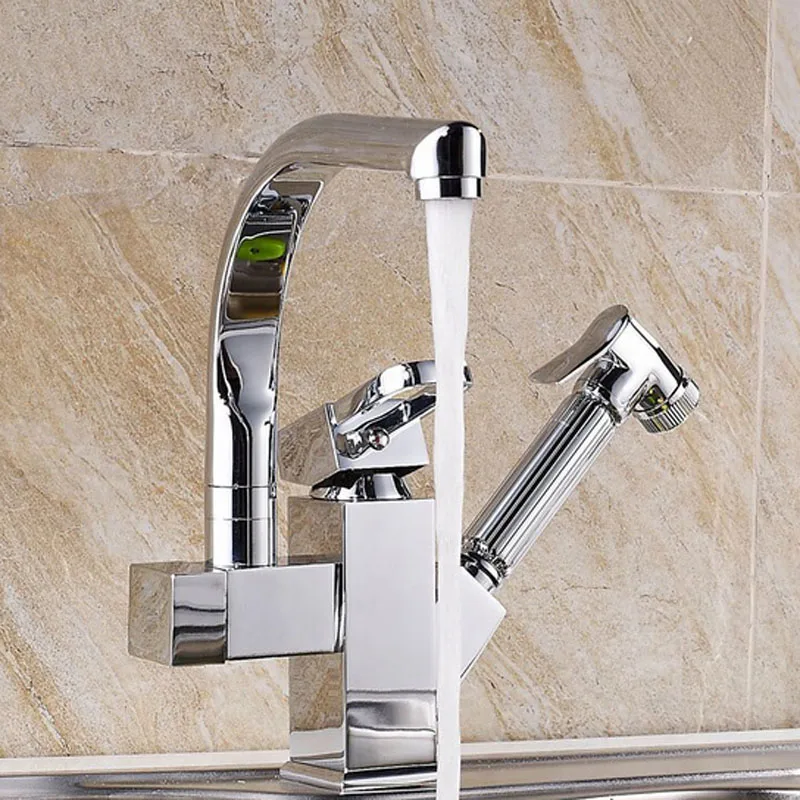 

New Torneira Centerset Contemporary Two Spouts Kitchen Faucet Deck Mounted Pull Out Sink Mixer Tap Chrome