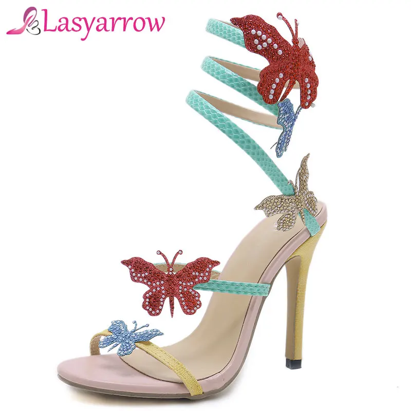 

Lasyarrow Fashion Gladiator Stiletto Rhinestone Sandal Sexy Cutout High Heels Pumps Studded Butterfly Women Party Wedding Shoes