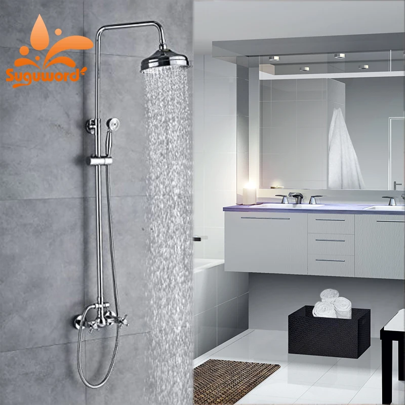 

Suguword Chrome Polish Shower Combo Set Dual Handles Hot and Cold Switch Shower System Mixer Taps Wall Mounted
