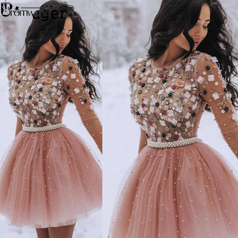 

2019 Short Homecoming Dresses Pearls Beaded Handmade Flower Long Sleeves Prom Dresses Cocktail Dress