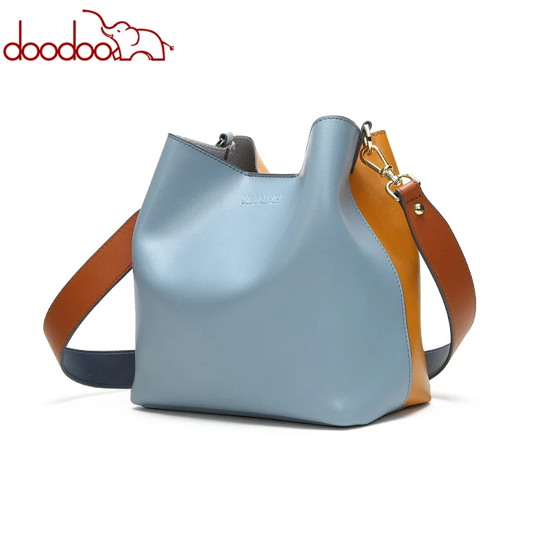 New Genuine Leather Shoulder Bags Spell Color Detachable Liner Bucket Bag Luxury Handbag Women ...