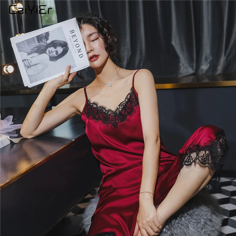 

Caiyier Women Summer 2019 Eyelash Lace Pajama Sets Silk Stain Sleepwear V-Neck Sleeveless Sexy Lingerie Red Bathrobe Homewear