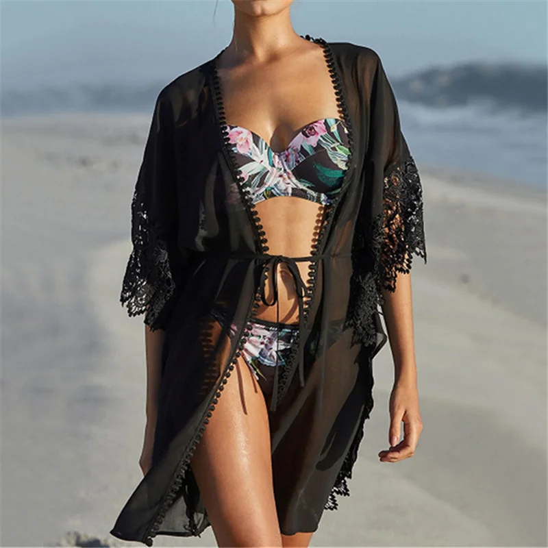 

Black Embroidery Hem Kimono 2019 Summer Sexy Transparent Chiffon Top Women Fringe Vacation Beach Kimono Plus Size Covers N566