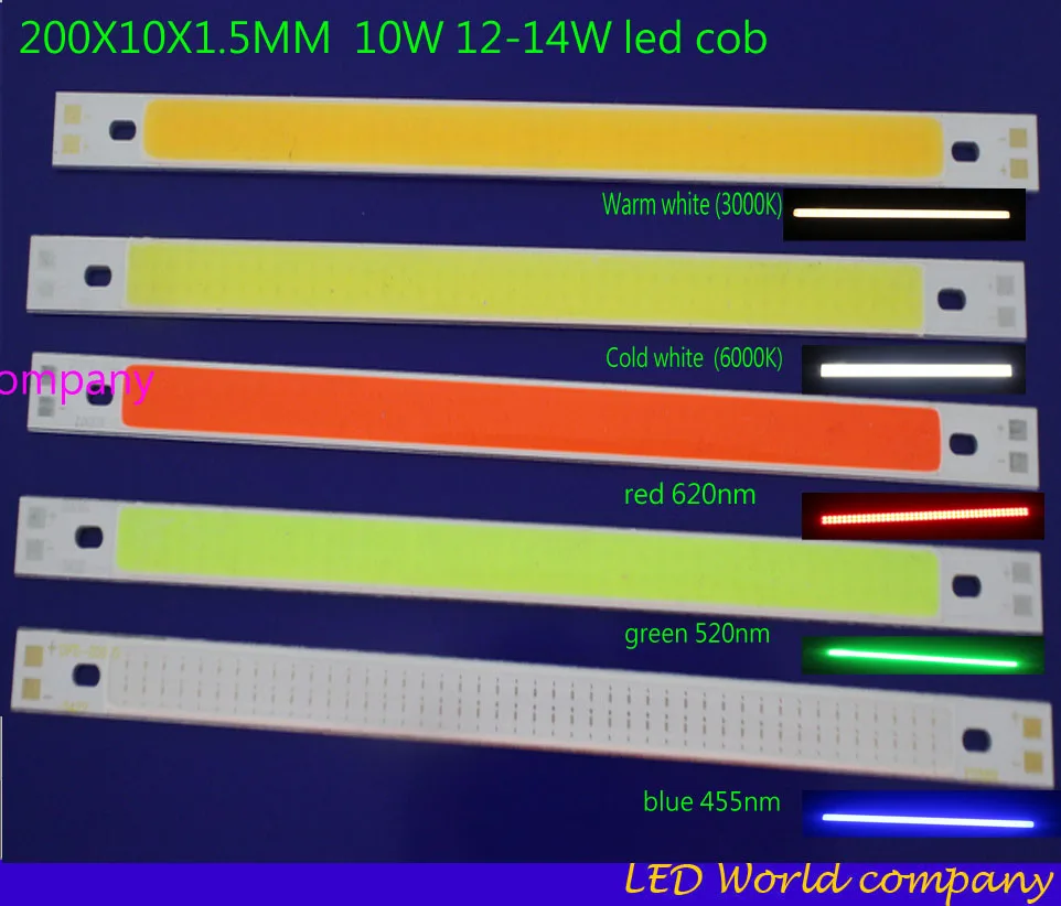 

200x10X1.5mm DC12-14V 10W LED COB Strip Bar Lights Warm Natural Cold Blue Red 1000LM Ultral Bright LED Chip Lamp Car Lights