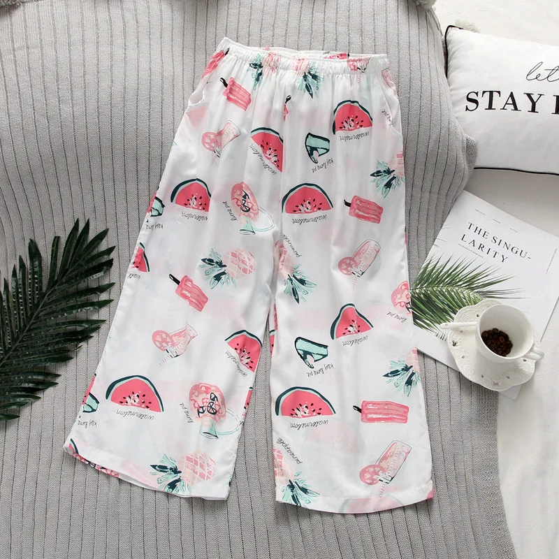 

Home Pants Loose Legs Sleep Bottoms Women's Calf-Length Pants Cool thin Cotton Trousers Female Pajama Pants
