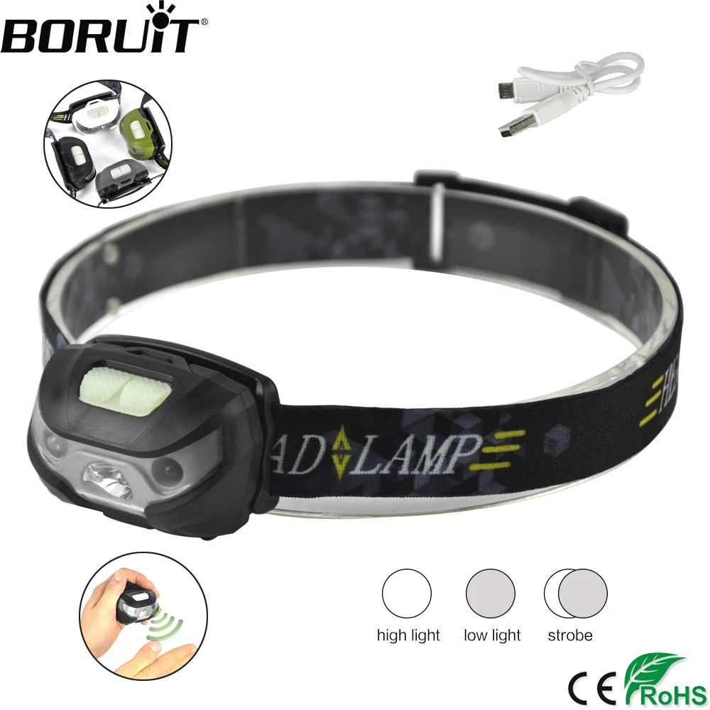 cheap BORUIT Portable XPE LED Headlight USB Charger Flashlight IR Sensor Headlamp Waterproof Camping Fishing Head Torch
