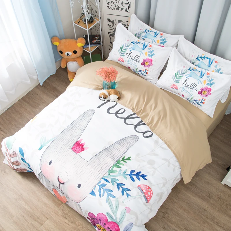 

Free shipping Novelty Holiday Gift Cute Rabbit Flower Pattern Kids' Bedding Duvet Cover Set+2pcs Pillow Case Sham UK AU US Size