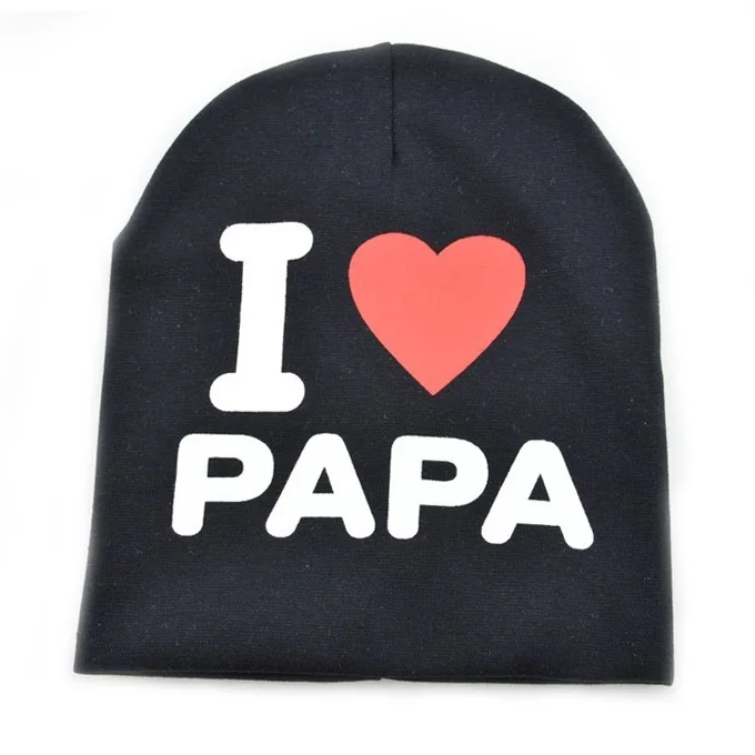 Весенне-осенняя детская вязаная теплая хлопковая шапочка для малышей, детские зимние детские шапочки с принтом «I LOVE PAPA MAMA» для мальчиков и девочек - Цвет: PAPA Black