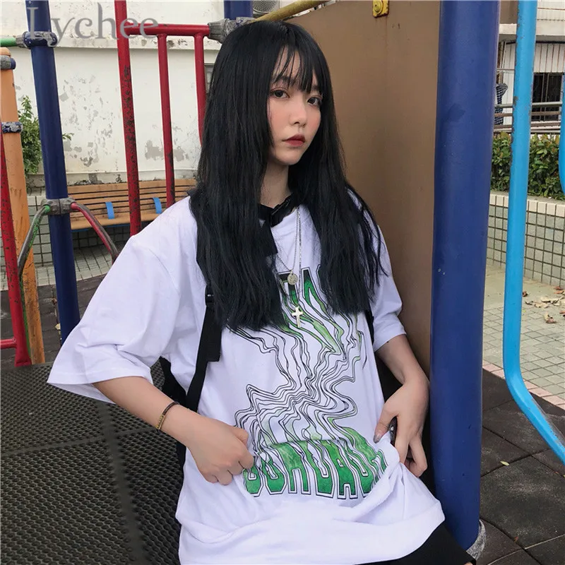 

Lychee Streetwear Dark Abstract Letter Print Female T Shirts Top Tees Summer Loose O-Neck Short Sleeve Women T-shirts T Shirt