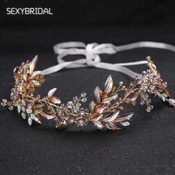 

Fashion Lady Vintage Golden White Leaves Flowers Bridal Headband with Ribbon Women Headwear Accessories Girls Gift LB