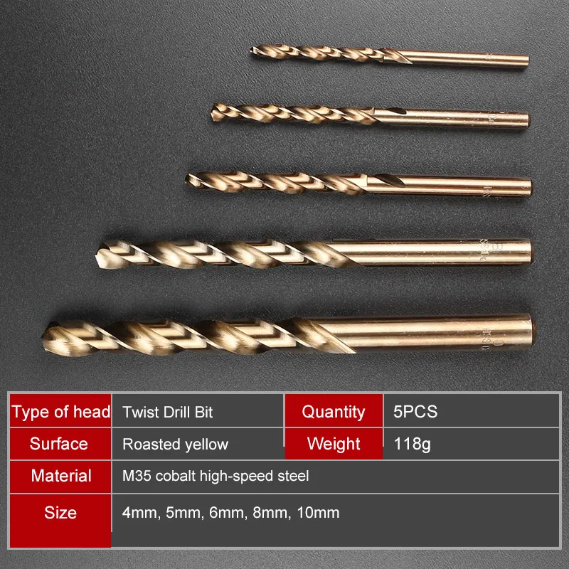 5PCS Stainless Steel M35 Cobalt Drill Bit Set Multi Bit Tool Straight Shank For Metal Stainless Steel Wear Resistance High Tempe