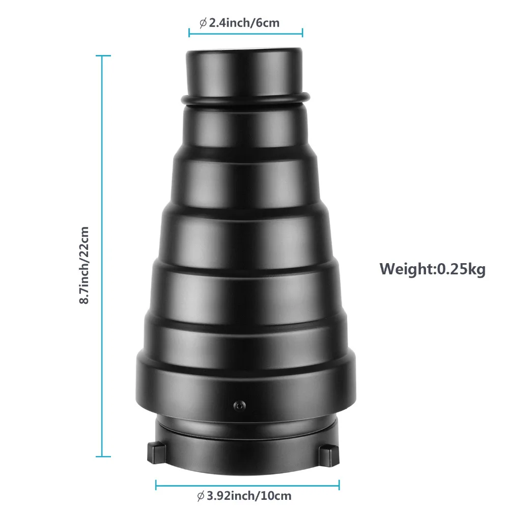 

Neewer Large Aluminium Alloy Conical Snoot Kit with Honeycomb Grid and 5 Pieces Color Gel Filters for Bowens Mount Studio
