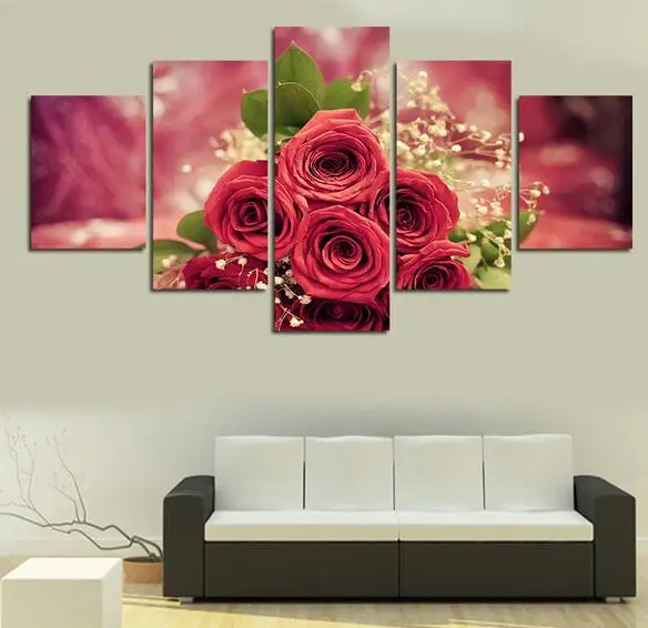 5 Pcs Unframed Wall Art Bunga Mawar Lukisan Minyak Dengan