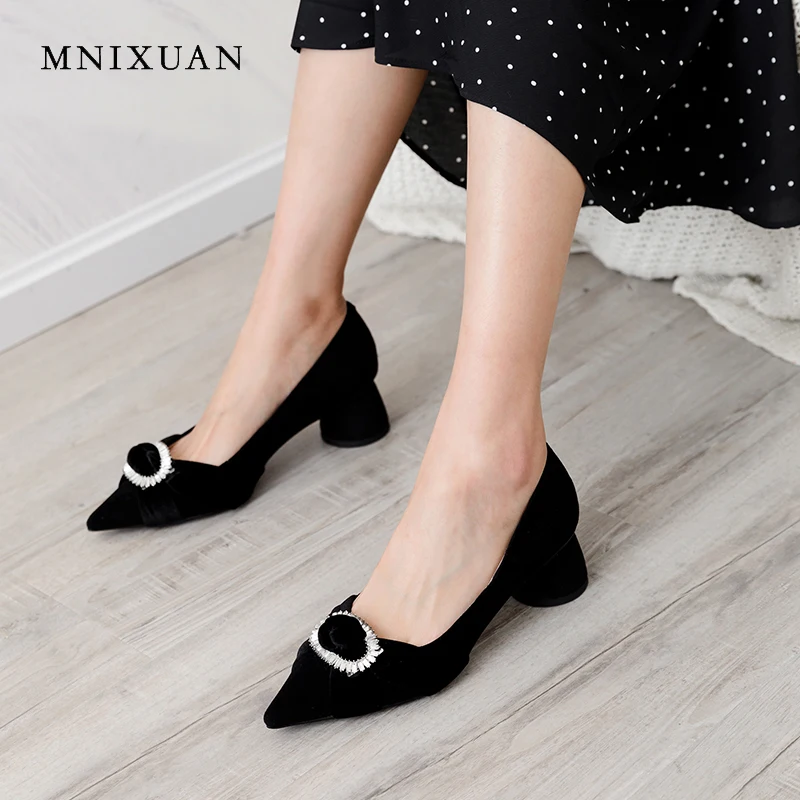 Gran Bombas Mujer verde Negro Punta Oficina Tacón Ovejas Tamaño Sexy Grueso Alto Cristal Primavera Mnixuan Militar Zapato La Moda De 2019 Zapatos Nuevas n1IXSxqgU