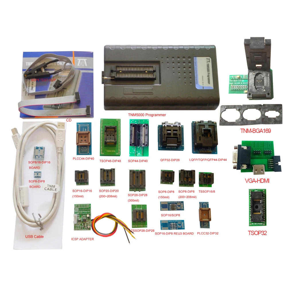 

TNM5000 USB EPROM Nand Programmer+21pc socket include VGA-HDMI and TNM-BGA169 adapter for NAND flash/EPROM/MCU/PLD/FPGA/ISP/JTAG