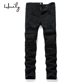 

HMILY Men Ripped Skinny Jeans Destroyed Frayed Slim Fit Denim Pant Casual Men Slim Hole Zipper Balck Jeans Pants