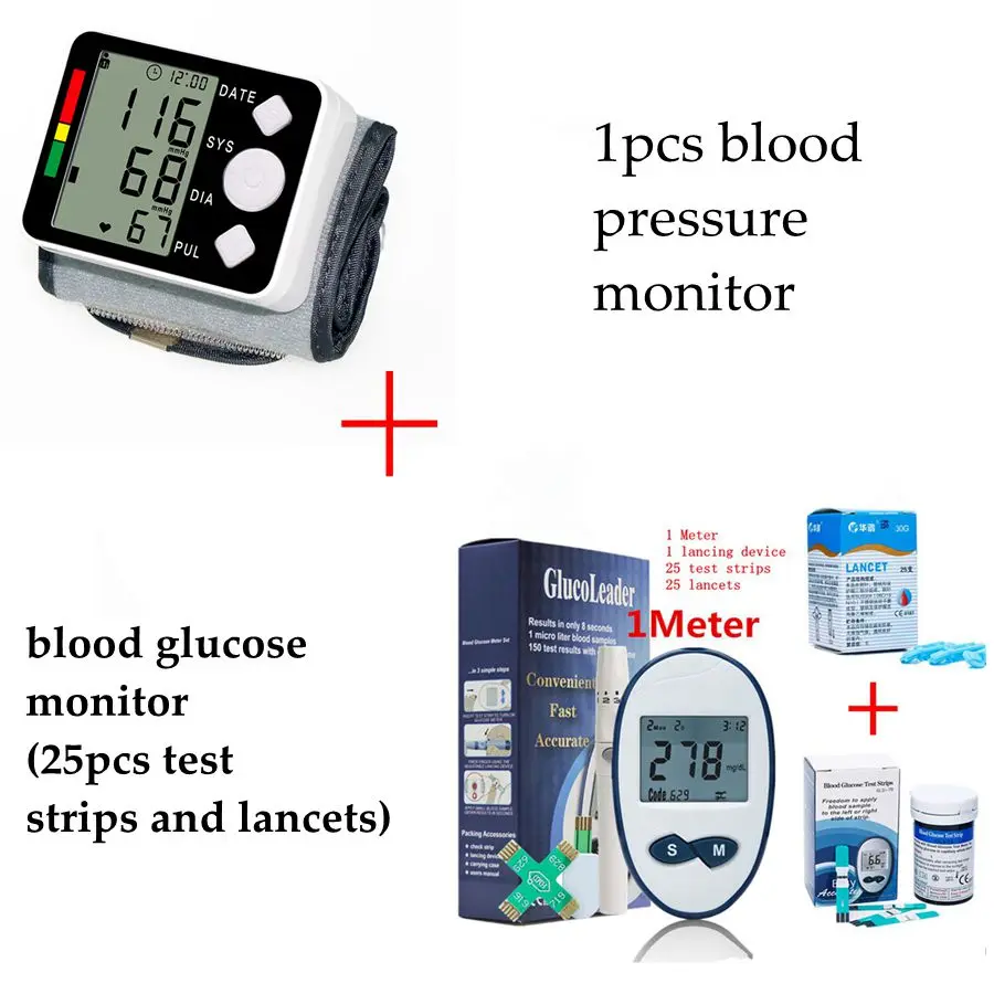 Автоматический цифровой тонометр для измерения артериального давления тонометр для запястья+ измеритель уровня глюкозы в крови с 50 полосками и иглами скарификатор; сахар в крови - Цвет: BPM and BGM 25 A