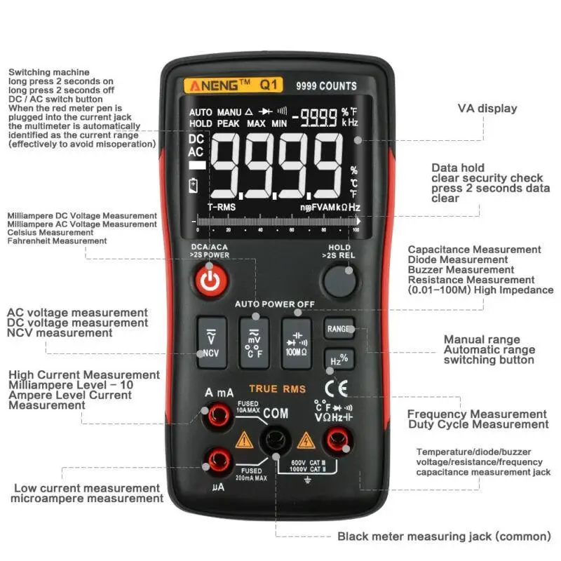 ANENG Q1 True-RMS Digital Multimeter Button 9999 Counts Analog Bar Graph Digital Clamp Meter Digital Multimeter Tester